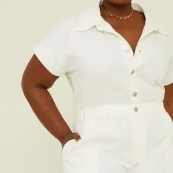 NEW Arula White Cotton Denim Short Sleeve Erica Jumpsuit Sz XL - Picture 2 of 14